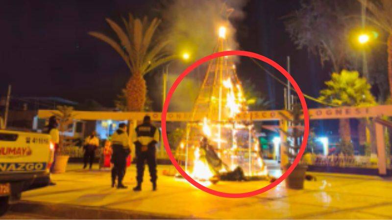 Árbol navideño en plaza de Uchumayo arde en llamas minutos antes de Navidad