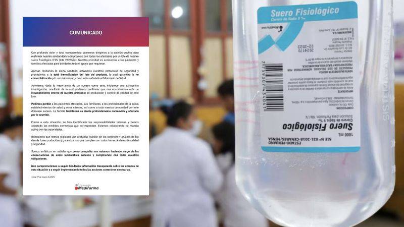 Medifarma admite fallas en suero fisiológico y se compromete a asumir responsabilidades