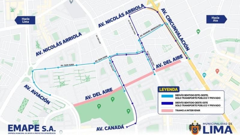 Este lunes 13 de mayo  inicia desvío vehicular por obras en av. Del Aire 