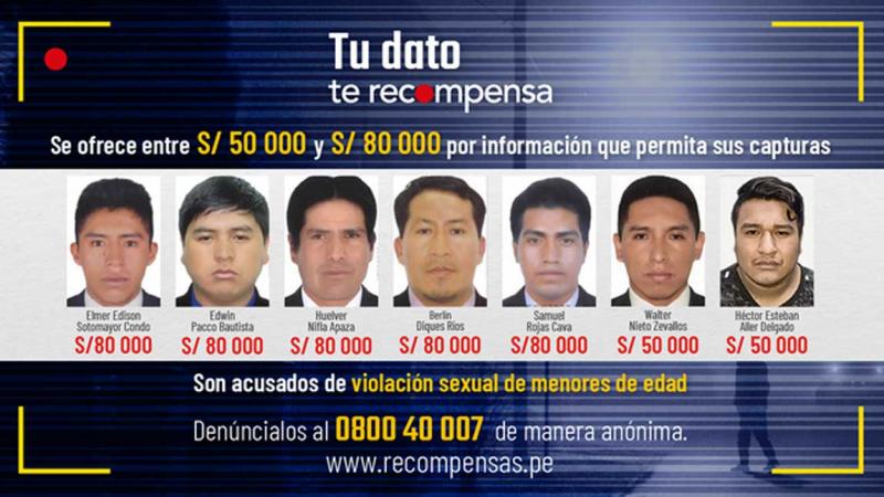 Mininter incluye a siete presuntos violadores de menores en el Programa de Recompensas