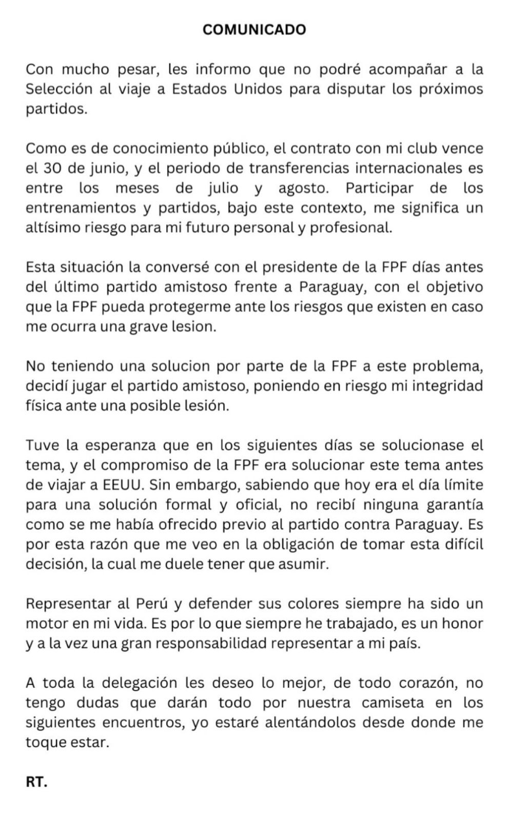 Comunicado de Renato Tapia