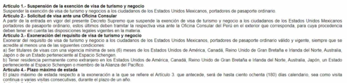 Texto de Decreto Supremo que anula visa a mexicanos 