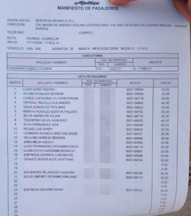 LISTA DE PASAJEROS DE BUS