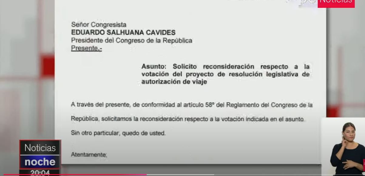 Reconsideración votación viaje Dina Boluarte a EE. UU. 