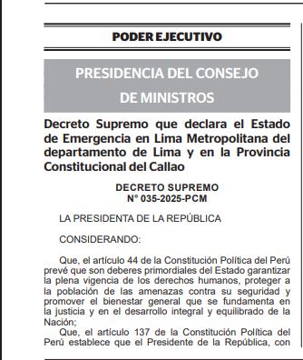 decreto supremo estado de emergencia en Lima