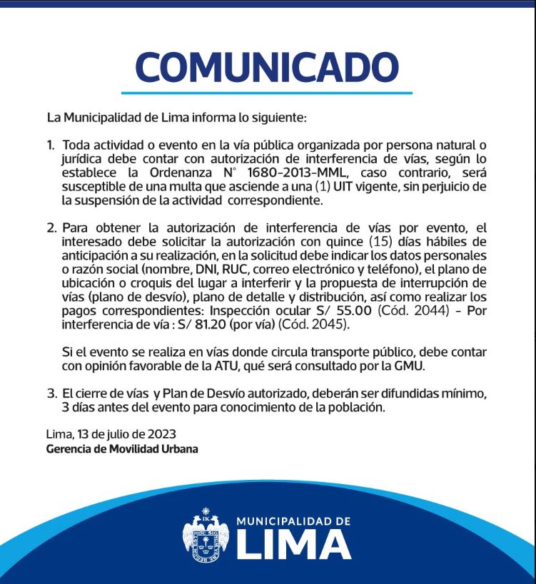 Municipalidad de Lima: actividades públicas deben tener autorización de interferencia de vías